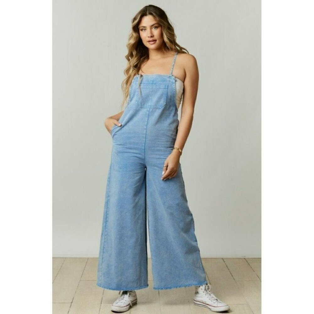 Just A Normal Girl Washed Denim Jumpsuit in Blue - Picture 2 of 5